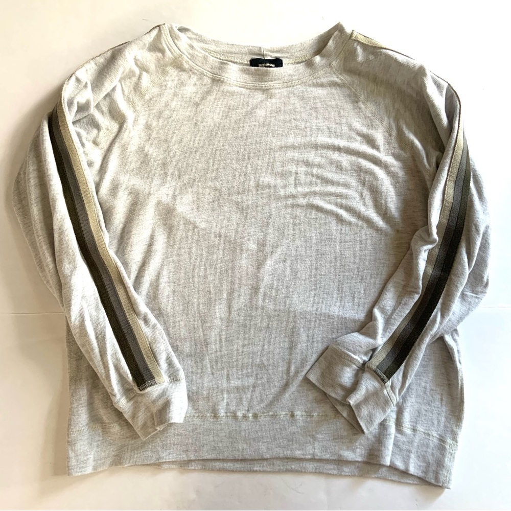 Monrow French Terry Sweatshirt Top Womens Large Grey Green Stripe Long Sleeve